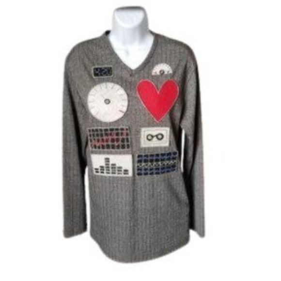 YMLA Ribbed Tunic Top Vintage Embellished V Neck Long Sleeve Gray Black Small - Picture 1 of 8